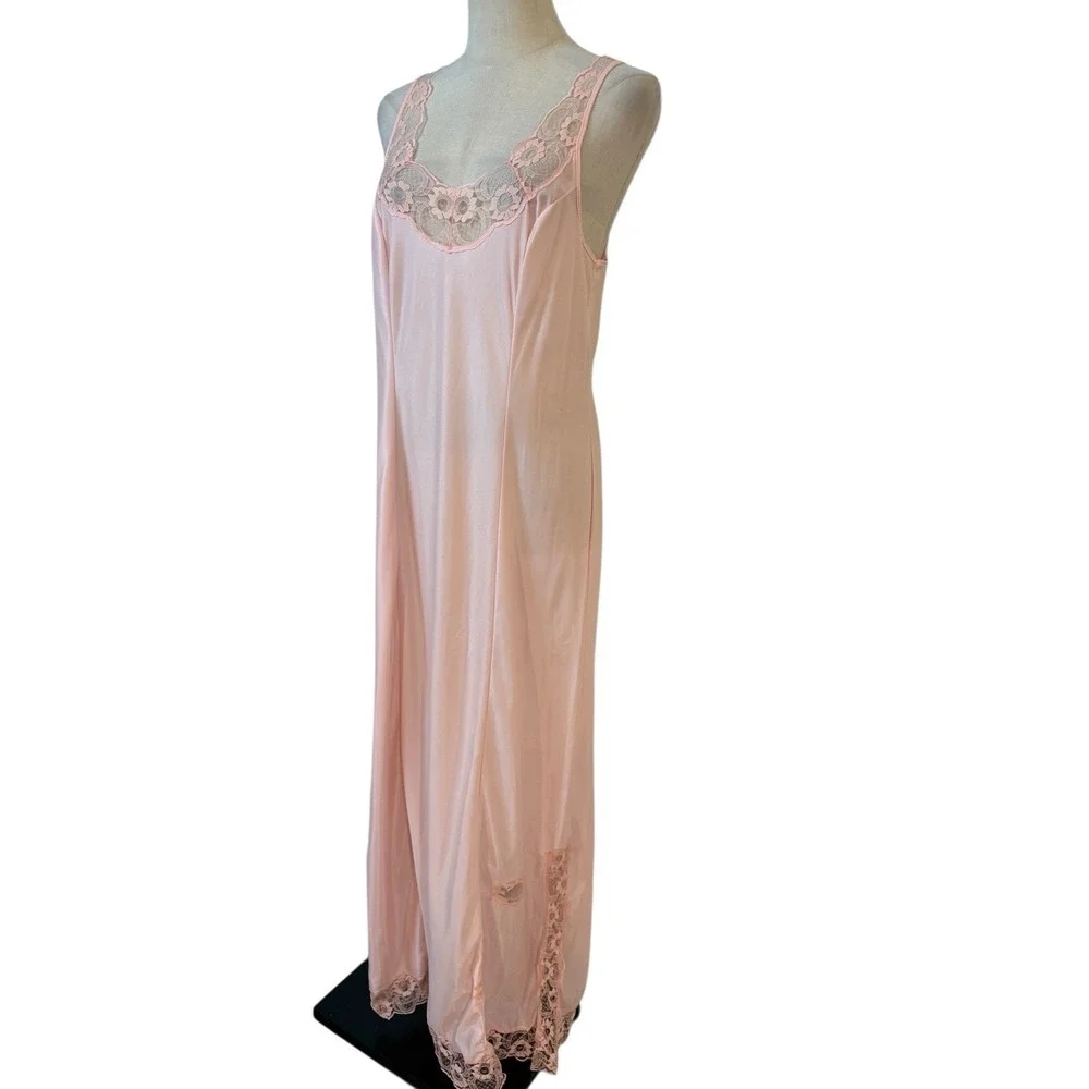 Vtg Pink‎ Lace Nightgown Maxi Slip Dress Floral Nylon Bridal Coquette Boudoir
